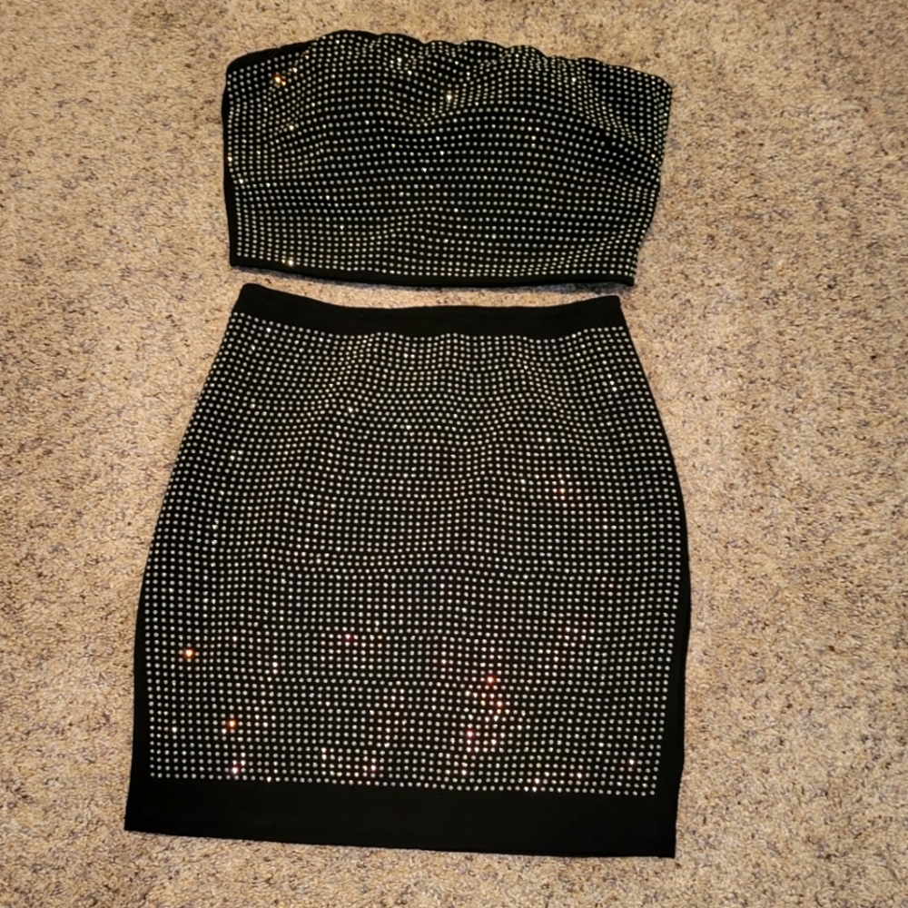 2 piece black bedazzled mini shirt set